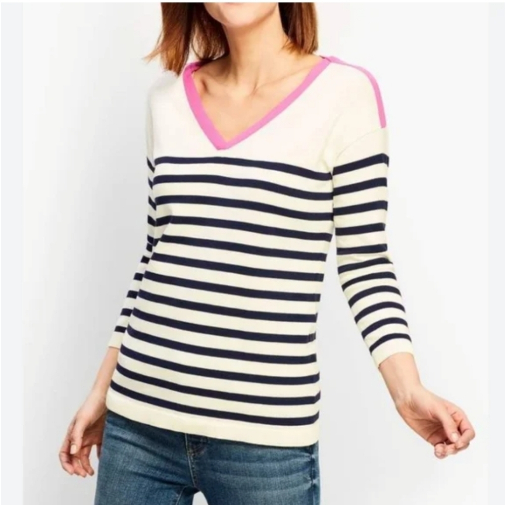 TALBOTS 3/4 sleeve striped v neck